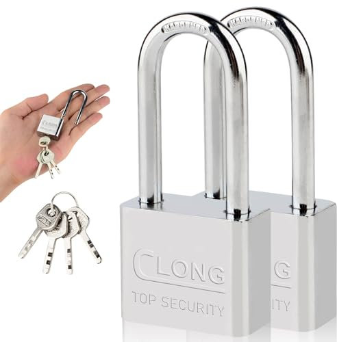 Confezione da 2 lucchetti ad arco lungo in acciaio resistente, impermeabili per esterni, con 4 chiavi, per capannoni, magazzini, recinzioni, ufficio, garage, giardino, palestra (60 mm)