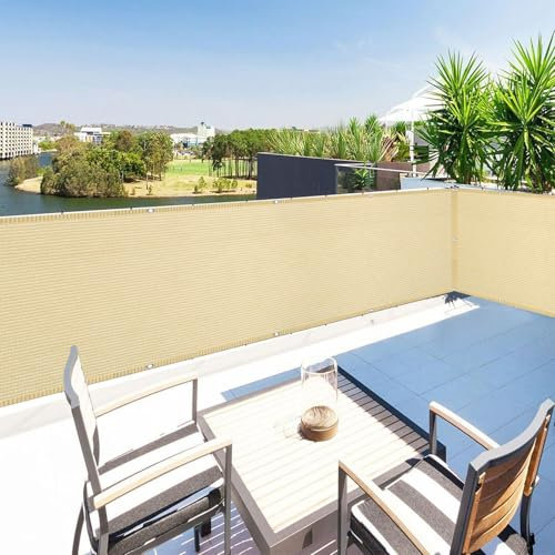 Balkon Sichtschutz Ohne Bohren 90 x 325 cm 100% Privatsphäre Balkonsichtschutz Balkonabdeckung Reißfest, mit Ösen Kabelbinder Sichtschutz für Balkon Terrasse, Creme Farben