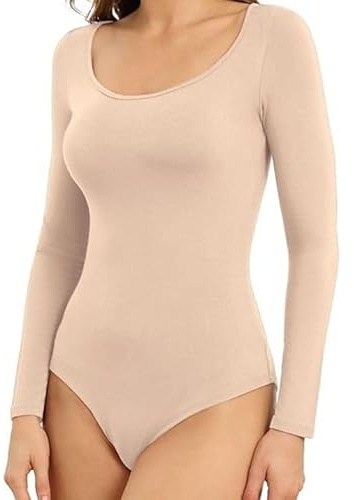 ANZEE Womens Leotard Ladies Round Neck Long Sleeve Plain Stretch Bodysuit For Girls Shapewear Thong Sculpting Body Shaper Jumpsuit Ballet Dance Gymnastics Long Sleeve Leotard