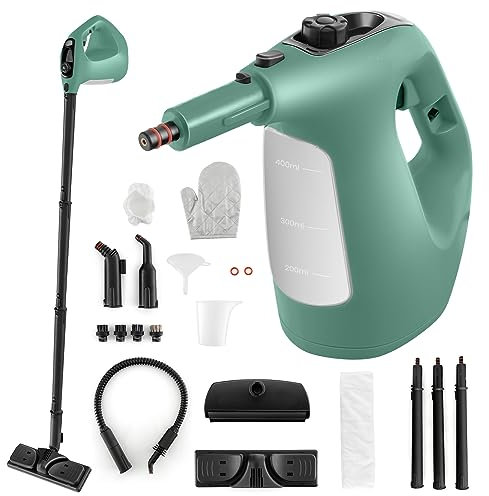 COSTWAY Nettoyeur Vapeur Portatif 1400W avec 14 Accessoires, Balai Vapeur Durée d'Utilisation Illimitée Réservoir d'Eau 400 ml, Nettoyant Vapeur pour Canapé Vitre Plancher Tapis Rideaux (Vert)