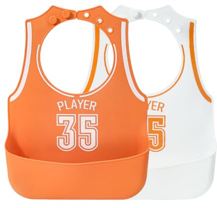 Sichy Silicone Bibs for Babies & Toddlers, 2 Pack Waterproof Baby Bibs, Adjustable Baby Weaning Bib, BPA Free Soft Durable Silicone Baby Feeding Bibs with Food Catcher (Basketball)