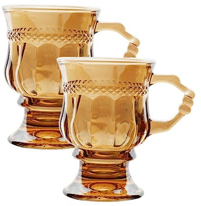 SHOWERORO Vintage Amber Glass Wine and Black Tea Cups, 2pcs Retro Style Goblets Handles, Decorative Glass Beverage Set for Home and Café Use