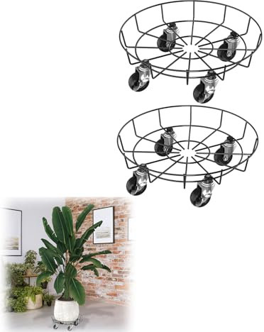 MAYTIIMO 33 cm Blumenroller Rollbrett Pflanzen mit Lenkrollen, 2 Stück Pflanzenroller Rund, Garten Pflanzenständer Dekorativ Topfpflanzenwagen aus Schmiedeeisen für Außenbereich&Innenbereich Typ C