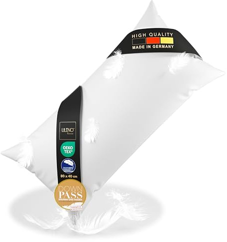 LILENO HOME Almohada de plumón de 3 cámaras, 40 x 80 cm, apta para alérgicos, cojín de algodón de 40 x 80 cm, relleno de plumas y plumón, duradero y transpirable, relleno de plumas