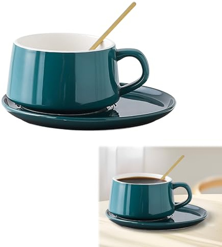 Ayrirel Ceramic Tea Cup with Spoon and Saucer Sets, 250ML Ceramic Coffee Cups Mug for Cappuccino, Latte, Espresso & Americano, Great Gift for Birthday/Christmas/Valentine's Day (Green)