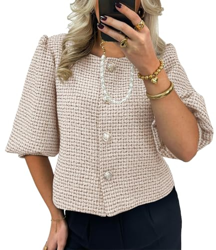 Cicy Bell Womens Cropped Tweed Blazers Puff Short Sleeve Crew Neck Button Business Casual Suit Jackets Khaki