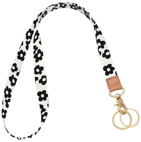 Knagsfa Lanière pour Badge et Clés, Long Cordons de Cou avec Crochet en Métal pour Badges d'Identification, Porte-clés Lanière Mignon pour Femmes, Fleurs Noires et Blanches