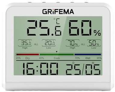 GRIFEMA GA2901, Termómetro Digital Interior del Higrómetro, Digital Medidor de Humedad con Retroiluminación, Registro Máx/Mín, Reloj/Fecha, Ideal para Hogar/Invernadero, Blanco