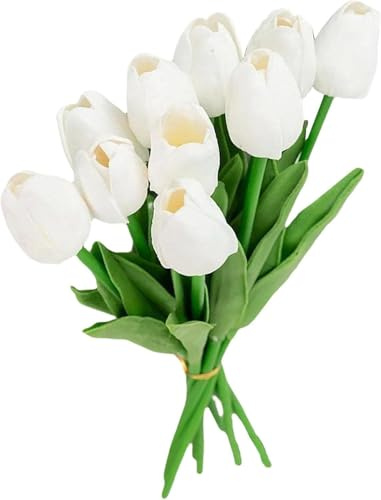 Duiaynke 10 tulipani artificiali, fiori realistici al tatto, bouquet di tulipani finti per matrimoni, casa, feste, giardino, ufficio, decorazione (bianco)