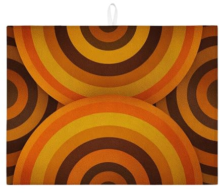 Retro Circle Dish Drying Mats For Kitchen Counter, Vintage Brown and Orange Absorbent Dish Mat, Autumn Microfiber Drying Pad For Coffee Bar 18x24 Inch