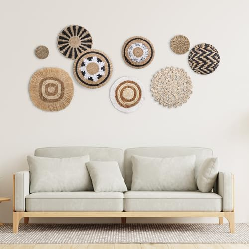 homdat 9 Stück Boho-Wandkorb-Set, Gewebte Wandkorbdekoration, Seegras, Rattan, Boho-Wanddekoration, Umweltfreundlich, runde Wandkunst für Bauernhaus, Schlafzimmer, Wohnzimmer, Ausstellungstisch, Küche