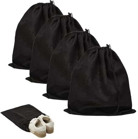 Skoväskor för resa, 4 Pack Flannel Portable Skor Förvaringsväskor Organisator med snör, 45 x 35 cm, Tvättbara och återanvändbara förpackningsväskor för män Kvinnor, Svart