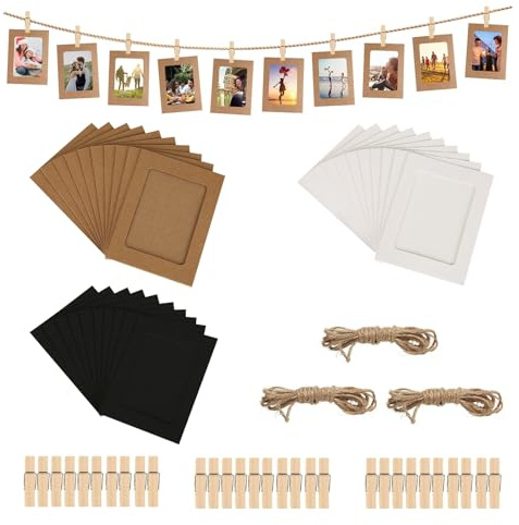 30 Piezas Marco de Fotos de Papel Kraft, Marco de Fotos Carton con 30 Pinzas & 2 Cuerda de Yute,DIY Marcos de Fotos para Colgar Fotos,para Cumpleaños, Boda, Fiesta, Aniversario