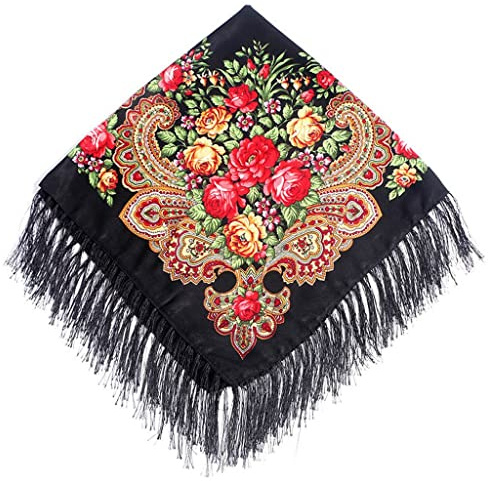 Nlaayong Traditioneller Schal für Damen, mit Quaste, Fransen, Halstuch, Kopfschal, Retro-Schal, Blumenmuster, Poncho-Druck
