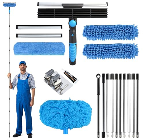 Feelhap 4 in 1 Teleskop Fensterwischer Abzieher Set, Drehbarer Bürstenkopf | 4,3M Ausziehbarer Fensterputzer Set, 1 Stauber, 3 Mikrofasertuchbürsten & 2 Gummischaber, Teleskopstange Fensterreinigung