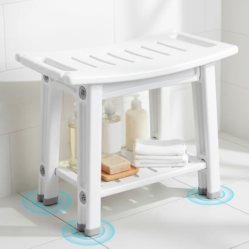 Worshow Shower Bench, Shower Chair, 2-Tier Bathroom Stool, Slatted Footstool, Plastic Shower Stools with Handles, Portable Waterproof Spa Bath Stool for Inside Shower, Bathroom, Living Room, Bedroom