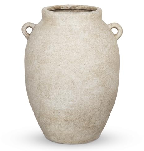Jarrón Alto Rústico de Terracota con Asas Duales de 20.5cm Jarrón Vintage en Crema Jarrones Texturizados de Cerámica Jarrón de Granja para Centro de Mesa de Flores Pasto de Pampas Adorno de Estanteria