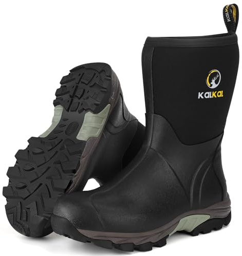Kalkal Rubber Boots for Men, Waterproof Mid Calf Mens Rain Boots, 6mm Neoprene Insulated Mens Rubber Work Boots for Hunting Gardening Farming Fishing Mud Working, Size 8-13