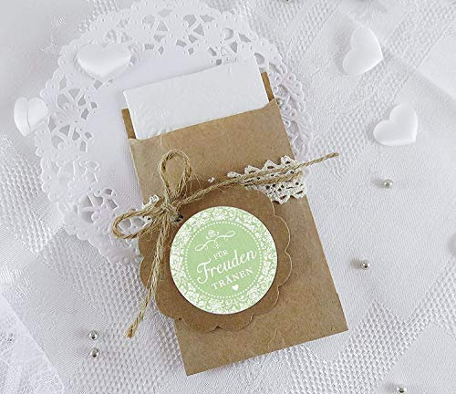 SET GROß: 48 Freudentränen Sticker + 48 braune Flachbeutel - Kraftpapier - 63 x 93 mm für Freudentränen Taschentuch Verpackungen • Aufkleber in GRÜN mit Ornamenten im Shabby-Chic-Look • 4cm, matt