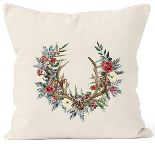 Autiga Kissenbezug Weihnachten Weihnachtskranz Geweih Hirschgeweih Blumen Gesteck Kranz Misteln Natur 40cm x 40cm