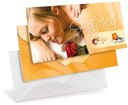 Gutscheinkarten (10 Stück) mit transparenten Briefumschlägen - Geschenkgutscheine für Massage, Wellness, Kosmetik - DIN lang Faltkarte verschließbar, blanko Vordruck zum Eintragen der Werte