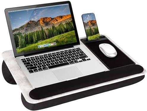 LAPGEAR Home Office Pro Schoßschreibtisch mit Handgelenkauflage, Mauspad und Handyhalterung, weißer Marmor, passend für Laptops bis zu 39,6 cm (15,6 Zoll), Stil Nr. 91591