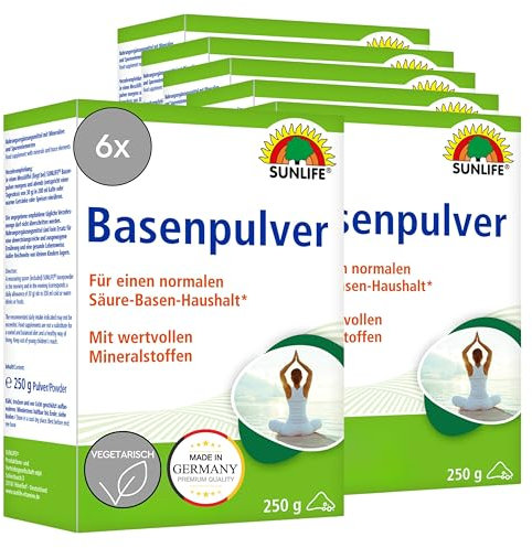 SUNLIFE Basenpulver 6 x 250 g - Pulver für Säure-Basen-Haushalt- Nahrungsergänzung mit Mineralien & Spurenelementen - Basen Pulver mit Magnesium, Calcium, Kalium & Zink - Basenpulver Entsäuerung