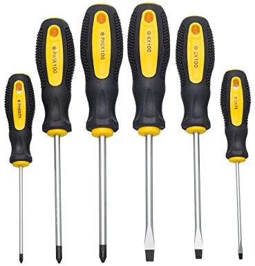 HPMAISON 6pcs Screwdriver Set - Durable Chrome Vanadium Steel with Magnetic Tips - Includes 3 Flat-Head (3x75mm/5x100mm/6x100mm) and 3 Phillips-Head (PH0x75mm/PH1x100mm/PH2x100mm)