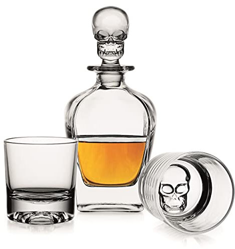 Godinger Skull Whiskey Decanter and Old Fashioned Whiskey Glasses, Skull Liquor Decanter Barware Set