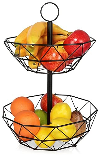 Vilde Obst Etagere Metall 2-Stöckig - Stilvolle Aufbewahrung Obst & Gemüse - Geometrisches Design 30/27,5 cm Durchmesser - Multifunktional für Loft & Glamour Interieurs - Gesamthöhe 43 cm | Aufbewahrungskorb Obst-Etagere 2-stöckig Loft-Stil Schwarze, industrielle