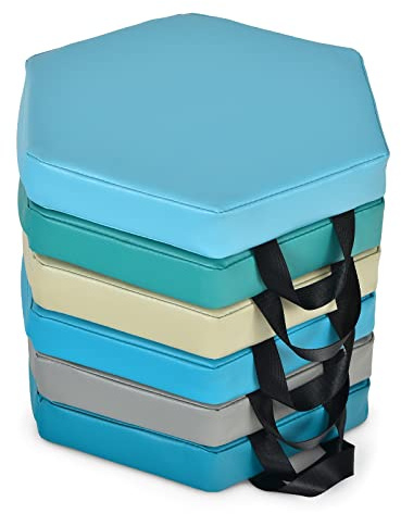 GOPLUS 6er Set Bodenkissen, Sitzkissen mit Ergonomischem Griff, Perlbaumwolle, PU-Oberfläche, Stapelbar, Abdeckung mit Reißverschluss, Stuhlkissen für Kindergarten, Einkaufszentrum & Zuhause (Blau)