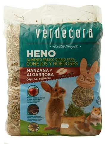 Verdecora Heno para Conejos y Roedores | Dieta equilibrada y Rica en nutrientes | Rico en Fibra (Manzana y Algarroba 1kg)