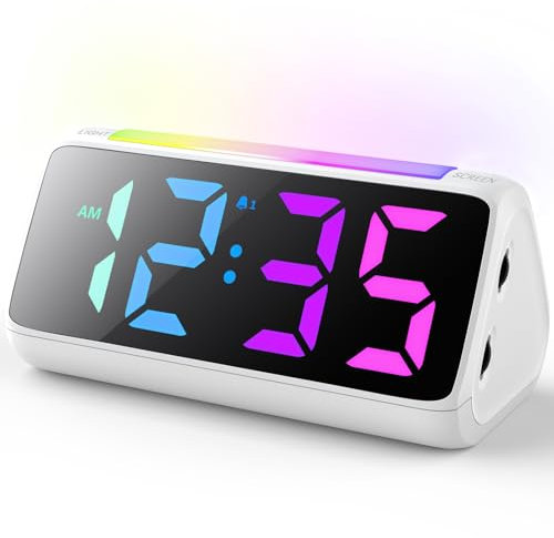 Wecker Digital, Digitaler Wecker Kinder mit Licht, Bunter LED Anzeige, 0-100% Helligkeitsdimmer, 2 Alarme, Snooze, 3 Wecklautstärke, USB Ladeanschluss, Kinderwecker für Schlafzimmer Jungen Mädchen