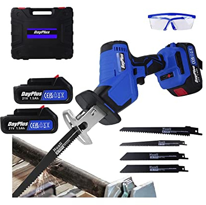 21V Akku Säbelsäge, Variabler Geschwindigkeitsschalter, 4 Sägeblätter für Holz, Hublänge – inkl. Akku, Ladegerät & Tragetasche,mit 2x 1500mah Akkus