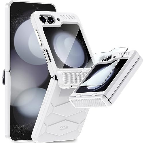 Vizvera for Samsung Z Flip 5 Case Built-in Tempered Glass Screen Protectors, Flip z 5 Full Cover with Hinge Protection Slim Case All-Inclusive Shockproof Volume Key Protection for Z Flip 5 2023-White