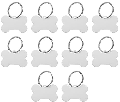 QUARKZMAN Knochen Geformt Hund Schild Tier ID Etiketten 38mmx25mm/1.5x1 Metall Silber Ton Leer Hund Etiketten Katze Etiketten mit Ring für Hund Katze Anhänger Handwerk Packung von 10