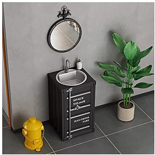 ZTGL Lavandino a Colonna in Ferro Battuto Stile Industriale Mobile da Bagno con Lavabo in Acciaio Inox, Contenitore Lavandino su Piedistallo con Rubinetto e Scarico,Nero,with Mirror