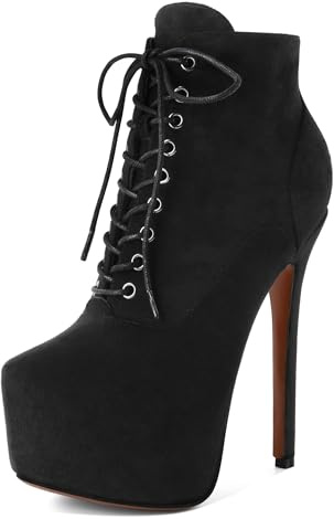 AUMOTED Stripper Heels for Women Platform Heels Stiletto High Heel Round Toe Ankle Boots Fashion Lace Up Zipper Warm Short Boots 6.4 Inch Suede Black US 7.5