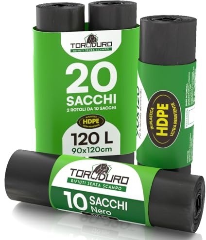 20 Sacchi Neri Grandi Spazzatura in Plastica HDPE Antiforo Ultra Resistenti | ToroDuro 90x120cm 120L per Raccolta Rifiuti Pattumiera Condominiale 2 Rotoli a Strappo - 20 Sacchetti