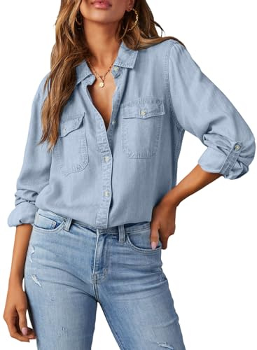 Astylish Ladies Button Down Shirt Elegant Long Sleeve V Neck Jean Jacket for Women Fashion Denim Tops Beau Blue Large