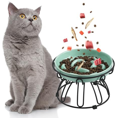 Ciotola per gatti in ceramica con alimentazione lenta, rialzata, con supporto antiscivolo, piatto per cibo per gatti pastello, 200 g