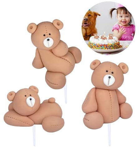 3Pcs Teddy Bear Cake Toppers Soft Clay Teddy Brown Bear Birthday Cake Topper Baking Decorations for Kids Boy Girl Baby Shower Anniversary Birthday Party Easy to Use Inserts Decoration