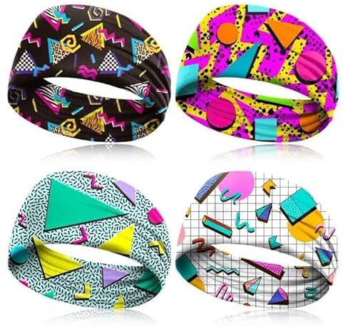 Retro Diademas Elástico, 4 Piezas Cinta de Pelo, Deporte Cinta de Pelo para Mujer y Hombre, Estampada