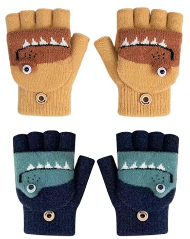 2 Pairs Of Crocodile Pattern Gloves, Cute Children'S Gloves, Autumn And Winter Warm Gloves, Fingerless Flip Gloves, Soft Knitted Gloves