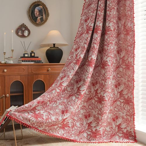 Tokusyou Landhaus Vorhänge Blumen Vintage Rot Gardinen Blickdicht Leinenoptik Jacquard Tiere Muster Baumwolle Vorhange mit Pompons Rod Pocket für Wohnzimmer Schlafzimmer 1 Stück B150×H240cm
