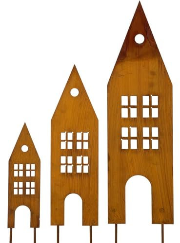 Polartreehome Rostige Gartenhäuser Pfahl Dekoration, 3er Set Patina Metallhaus, wetterbeständige Gartendekoration zum Einstecken für Garten, Terrasse, Balkon, Blumentopf, Außeneinsatz