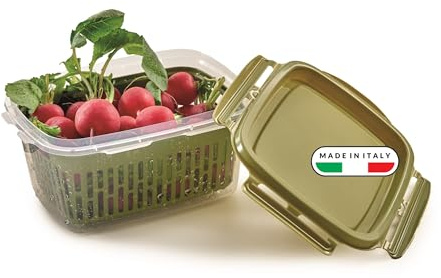 Snips Veggie SnipsLock - Contenitori per Alimenti Rettangolare, Contenitore per Cibi 1,2L con Cestello Rimovibile, 4 Chiusure di Sicurezza e Guarnizione Salva Freschezza 18.4x14x9 Verde, Made in Italy