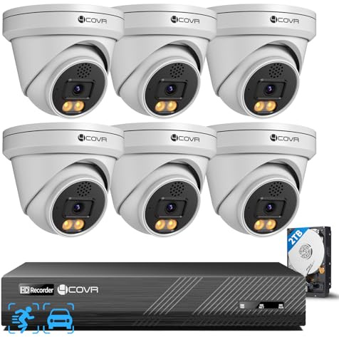 4COVR PoE Überwachungskamera Set, 6X 5MP Dome Kameras für Außen, 2-Wege-Audio, Farb-Nachtsicht, KI Personen/Fahrzeug-Erkennung, 8-Kanal 8MP NVR 2TB, 24/7 Aufnahme, IP67, 30M Nachtsicht, DLY97KA5M0806