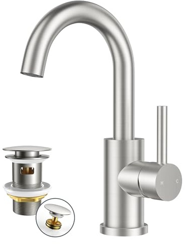 FORIOUS Wasserhahn Bad Hoch 360°Drehbar,Edelstahl Waschtischarmatur | mit Ablaufgarnitur,Warm/Kaltwasser Mischbatterie,Auslaufhöhe 175 mm,Einfache Montage für Waschbecken im Bad
