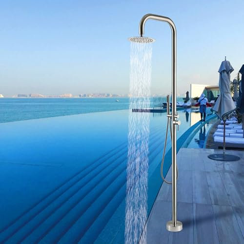 Asiwnshw Douche extérieure autoportante en Acier Inoxydable, kit de Douche extérieure argenté avec Pomme de Douche à Effet Pluie, Accessoire de Douche extérieur pour Jardin, Plage, Piscine
